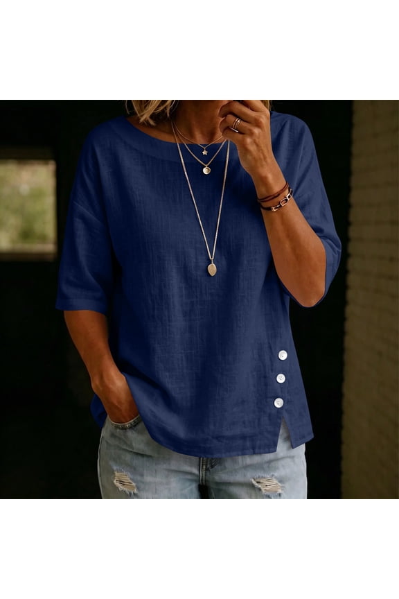 Women's Half Sleeve Blouse, Spring Summer Loose V-Neck Pullover, Lightweight Linen Top for Casual Daily or Vacation, 2026 New Limited-time Offer