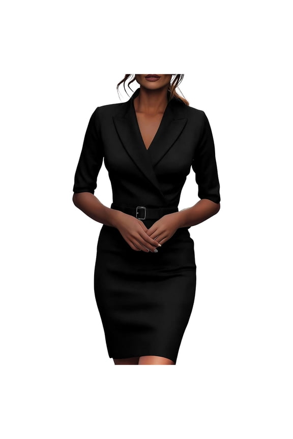 Women's Half Sleeve Bodycon Work Dresses, Elegant Lapel Collar Belted Business Office Church Pencil Dress