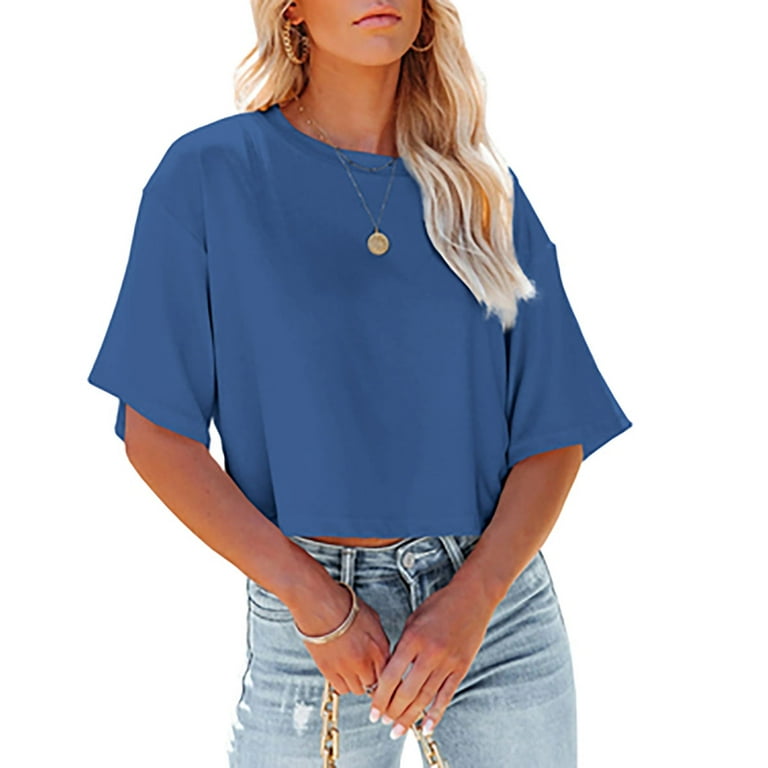 Women s Half Sleeve Cut T shirt Drop Shoulder Round Neck Crop Top