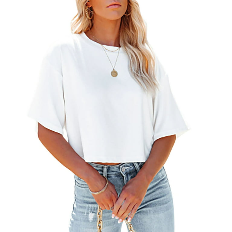 Women's Half Sleeve Cut T-shirt Drop Shoulder Round Neck Crop Top
