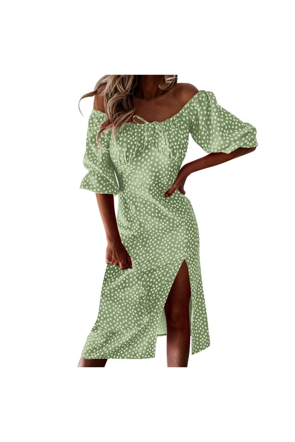 Women's Half Sleeve One Shoulder Slit Midi Dress Lace Up Dots Printed Dresses Casual Loose Beach Dress