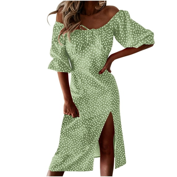 SCSAlgin Women's Half Sleeve One Shoulder Slit Midi Dress Lace Up Dots Printed Dresses Casual Loose Beach Dress