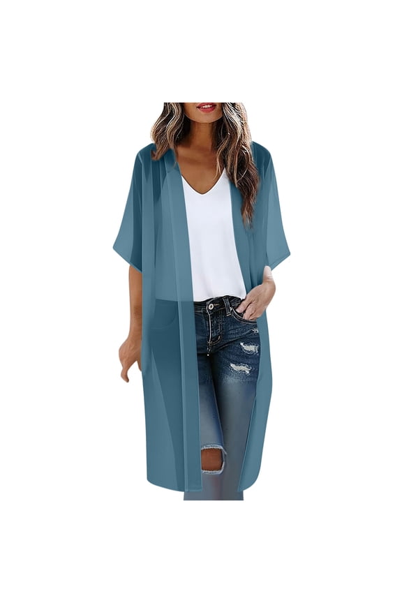 Women's Half Sleeve Sheer Cardigan Open Front Boho Kimono Loose Casual Coverups See Through Mesh Beach Cover Up