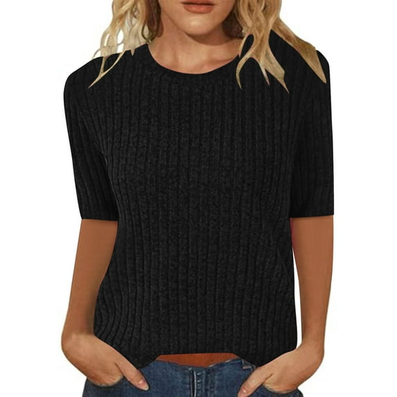 Women's Half Sleeve Shirts Round Neck Cute Tunic Tops Ribbed Knit T-Shirts Basic Pullover Sweaters