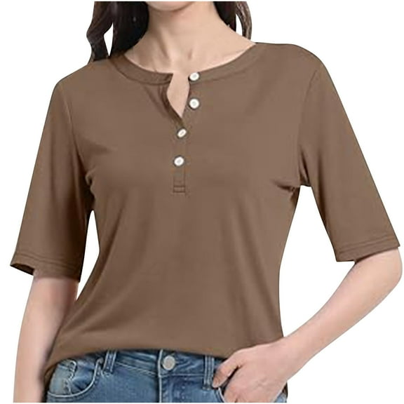 Women's Half Sleeve T Shirts Button Down Scoop Neck Summer Casual Tops Basic Tee Shirts 2025 Trendy Clothes Khaki XL