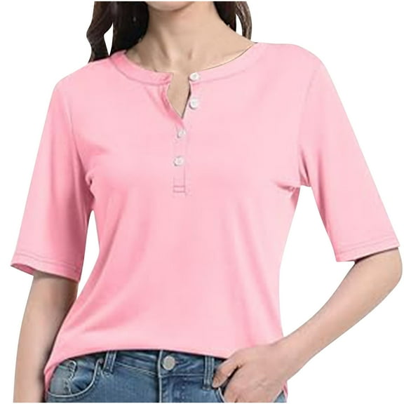 Women's Half Sleeve T Shirts Button Down Scoop Neck Summer Casual Tops Basic Tee Shirts 2025 Trendy Clothes Pink XXXL