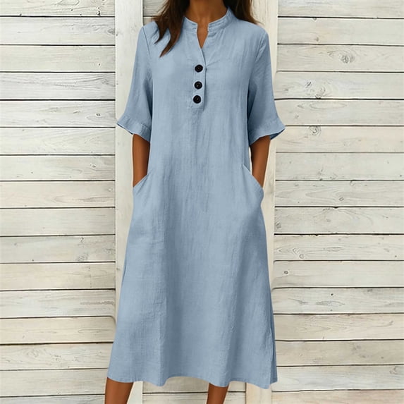 Women's Half Sleeve V Neck Midi Dress Soft Linen Flowy Summer Dress with Pockets Daily Wear Light Blue S
