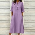 thumbnail image 1 of Women's Half Sleeve V Neck Midi Dress Soft Linen Flowy Summer Dress with Pockets Daily Wear Purple S, 1 of 6
