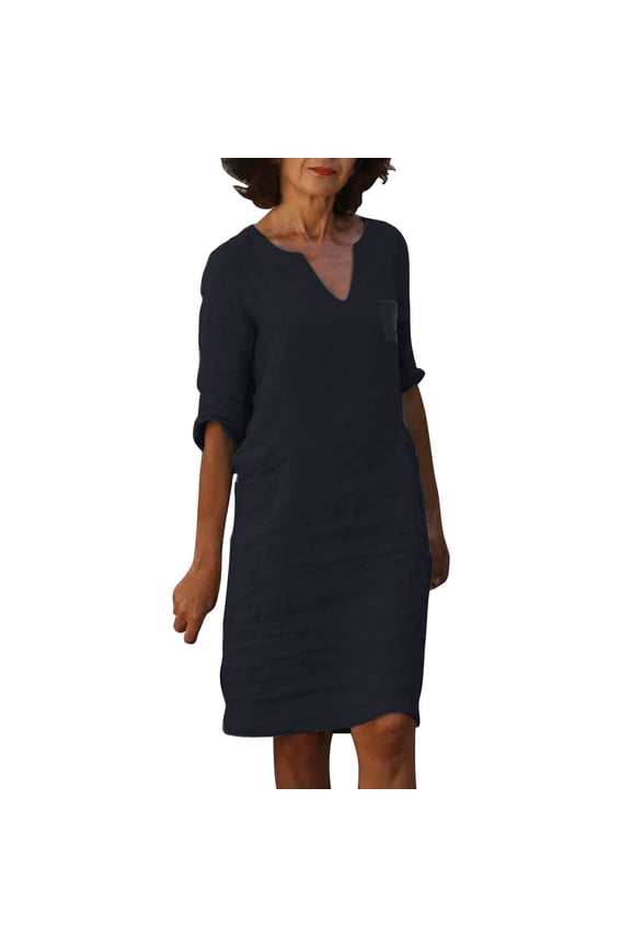 Women's Half Sleeve V-Neck Printed Mini Dress - Cotton/Linen, Casual/Vacation Style, Spring/Autumn, Hand/Gentle Machine Wash, True to Asian Sizes