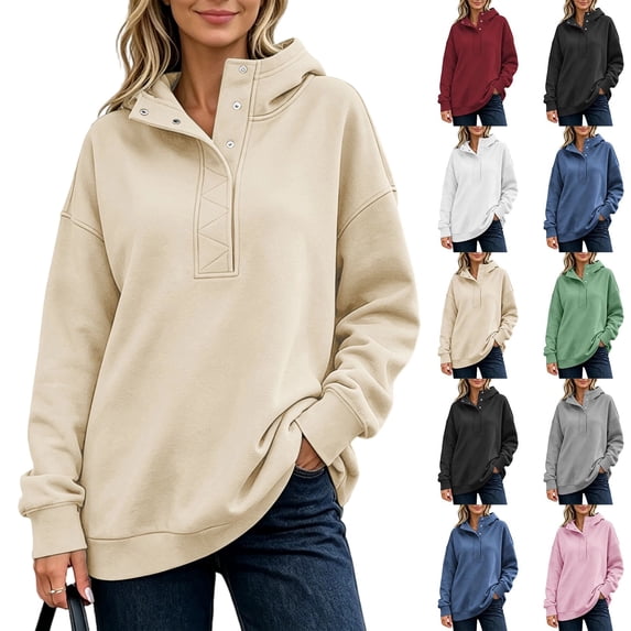 Women's Half Snap Hoodie Pullover Sweatshirt Long Sleeve Oversized Casual Fall Top with Button Placket Detail Womens Oversized Sweatshirts with Snap Button