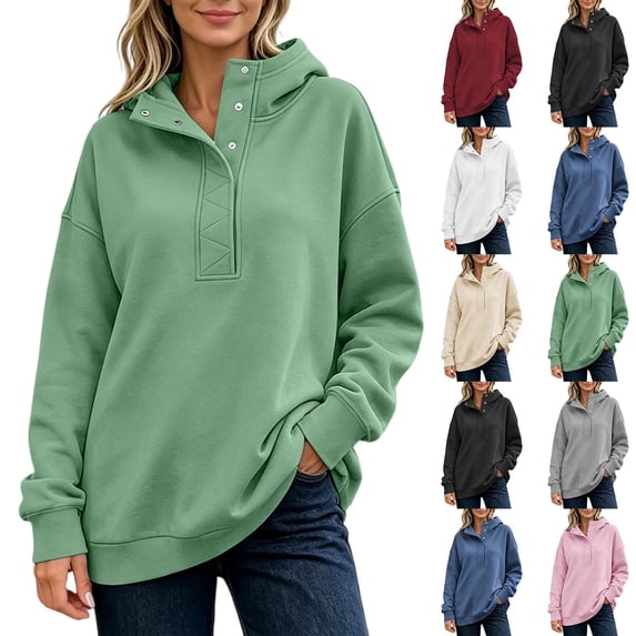 Women's Half Snap Hoodie Pullover Sweatshirt Long Sleeve Oversized Casual Fall Top with Button Placket Detail Womens Oversized Sweatshirts with Snap Button