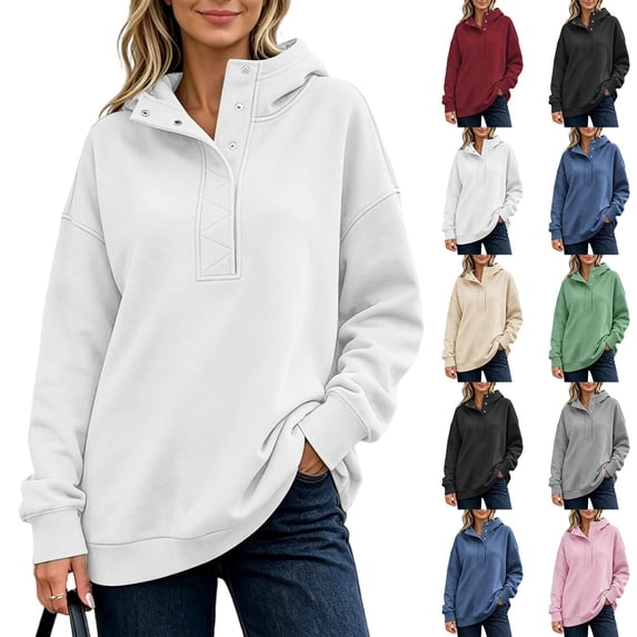 Women's Half Snap Hoodie Pullover Sweatshirt Long Sleeve Oversized Casual Fall Top with Button Placket Detail Womens Oversized Sweatshirts with Snap Button