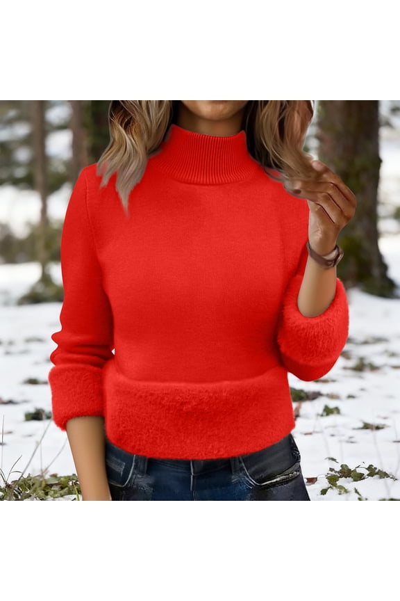 Women's Half Turtleneck Fleece Lined Sweater, Thickened All-Over Plush Inner Sweater, Large Size Thermal Knit Top, Winter Warm Pullover, Cold Weather Casual Blouse, Cozy Loungewear Top Red L