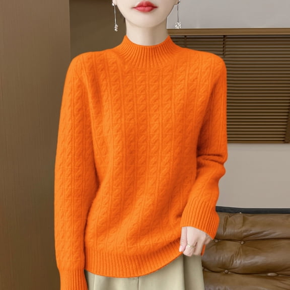 Women's Half Turtleneck Knit Sweater, Slim Fit Slouchy Pullover, Thickened Warm Top, Casual Loose Fit Blouse, Winter Layering Essential, Soft Stretchable Jumper Orange S