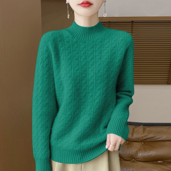 Women's Half Turtleneck Knit Sweater, Slim Fit Slouchy Pullover, Thickened Warm Top, Casual Loose Fit Blouse, Winter Layering Essential, Soft Stretchable Jumper Green M