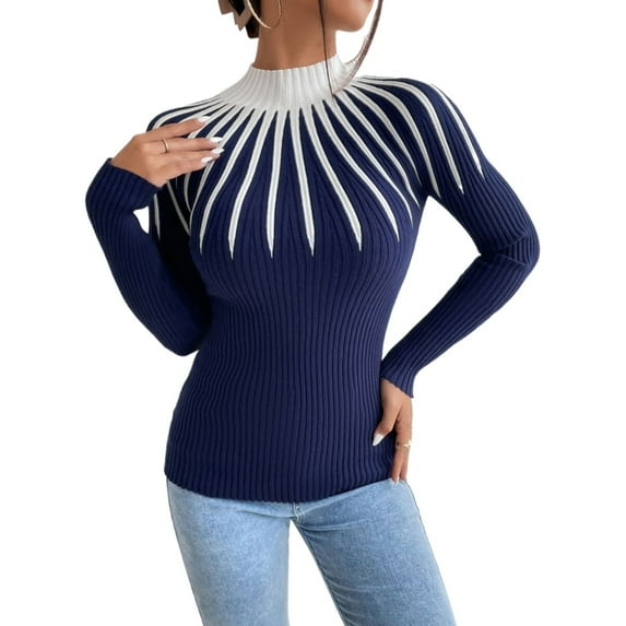 Women’s Half Turtleneck Striped Knit Sweater, Slim Fit Long Sleeve Pullover Top, Lightweight Viscose Ribbed Knitwear for Fall Winter, Elegant Office Casual Layering Shirt, Gift for Mom or Her
