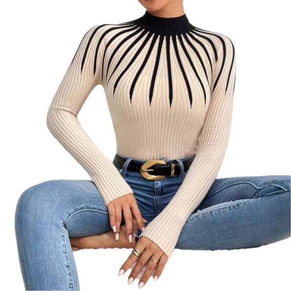 Women’s Half Turtleneck Striped Knit Sweater, Slim Fit Long Sleeve Pullover Top, Lightweight Viscose Ribbed Knitwear for Fall Winter, Elegant Office Casual Layering Shirt, Gift for Mom or Her