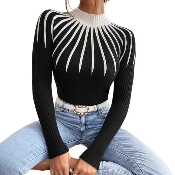 Women’s Half Turtleneck Striped Knit Sweater, Slim Fit Long Sleeve Pullover Top, Lightweight Viscose Ribbed Knitwear for Fall Winter, Elegant Office Casual Layering Shirt, Gift for Mom or Her