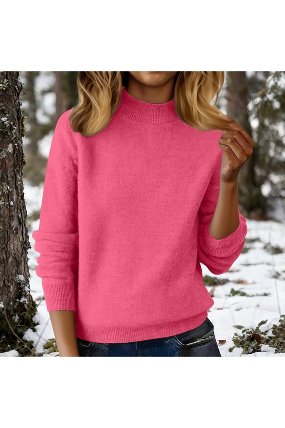 Women's Half Turtleneck Sweater, Loose Fit Pullover Top, Long Sleeve Casual Knit, Slimming Everyday Sweater, Solid Color Versatile Sweater, Fall Winter Knit Top Hot Pink L