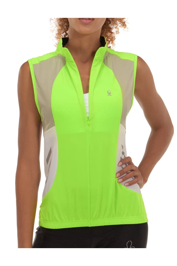 Women's Half Zip Breathable Cycling Vests Reflective Sleeveless Jerseys Golf 4 Rear Pockets Fluorescent Yellow XXL