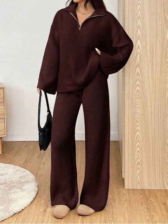 Women's Half Zip Collared Drop Shoulder Sweater and Wide Leg Pants Set