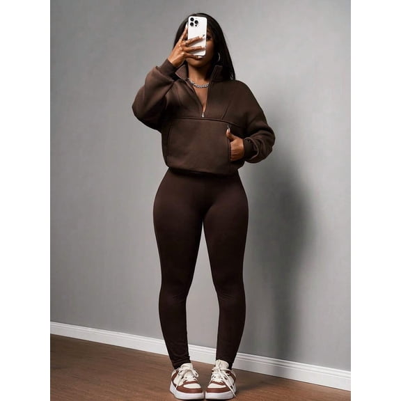 Women's Half Zip Crop Sweatshirt and High Waist Leggings Two Piece Outfit Set, Casual Street Tracksuit