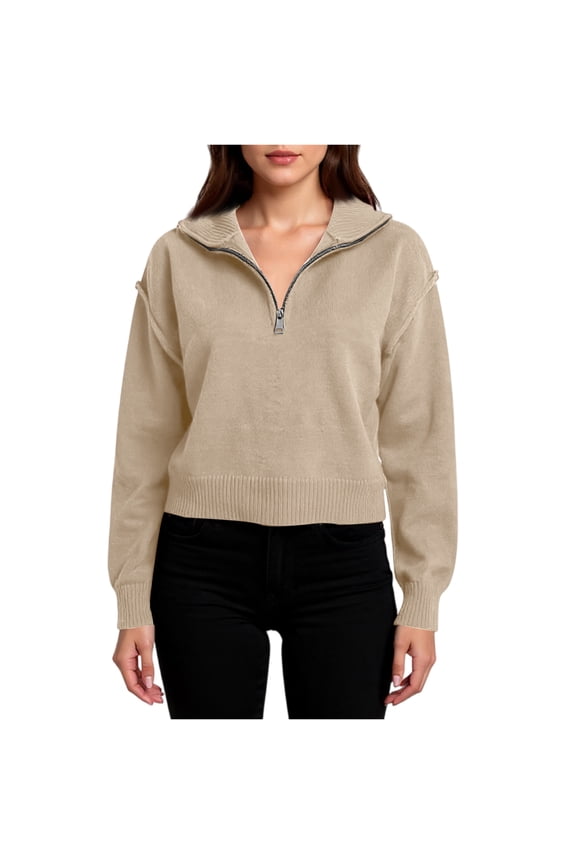 Women's Half Zip Cropped Pullover Lapel Neck Drop Shoulder Oversized Sweater (Beige, M)
