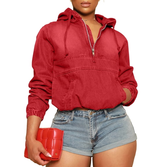 Women's Half Zip Denim Hoodie Pullover Jacket Jean Sweatshirt Tops