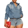thumbnail image 1 of Women's Half Zip Denim Hoodie Pullover Jacket Jean Sweatshirt Tops, 1 of 5