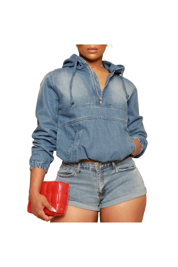 Women's Half Zip Denim Hoodie Pullover Jacket Jean Sweatshirt Tops