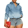 thumbnail image 1 of Women's Half Zip Denim Hoodie Pullover Jacket Jean Sweatshirt Tops, 1 of 5