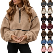 Women's Half Zip Fleece Pullover, Long Sleeve Oversized Teddy Sherpa Jacket, Casual Stand Collar Warm Winter Top Khaki XL
