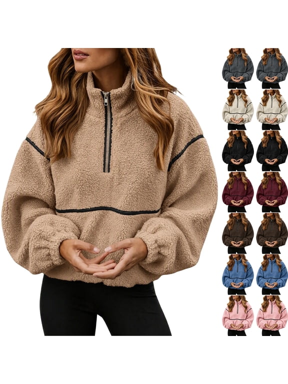 Women's Half Zip Fleece Pullover, Long Sleeve Oversized Teddy Sherpa Jacket, Casual Stand Collar Warm Winter Top Khaki XL