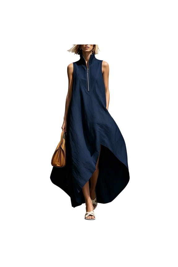 Women's Half-Zip High Neck Maxi Dress, Sleeveless Asymmetrical High-Low Summer Long Dress, Casual Loose Fit Flowy Kaftan