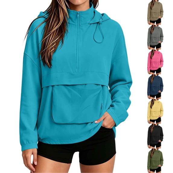Women's Half‑Zip Hooded Anorak Jacket, Oversized Pullover Windbreaker with Kangaroo Pocket & Drawstring Hem for Casual Travel Daily Wear Blue XL(XL)