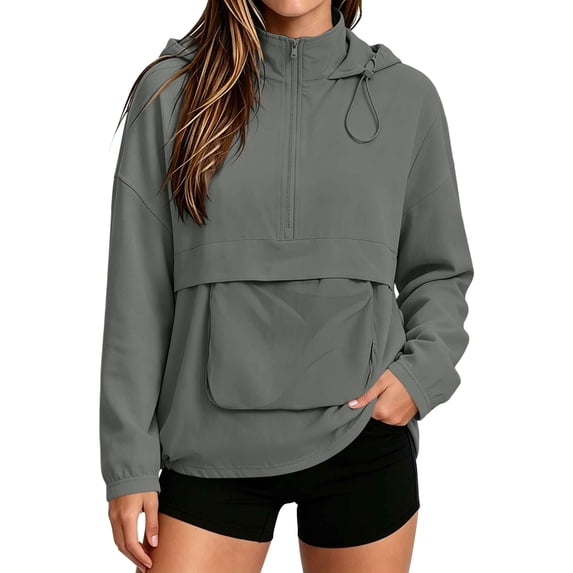 Women's Half‑Zip Hooded Anorak Jacket, Oversized Pullover Windbreaker with Kangaroo Pocket & Drawstring Hem for Casual Travel Daily Wear Gray M(M)