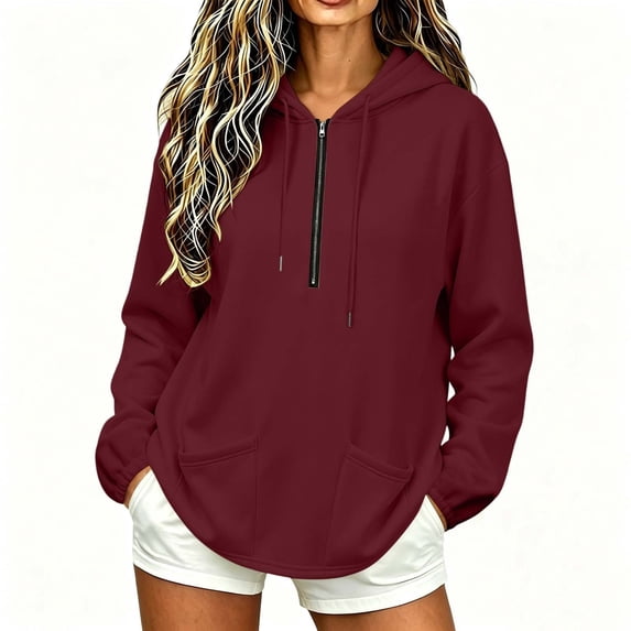 Women's Half Zip Hooded Sweatshirt Long Sleeve Loose Casual Pullover Hoodie with Pockets Solid Color Tops for Autumn Winter Wear Wine