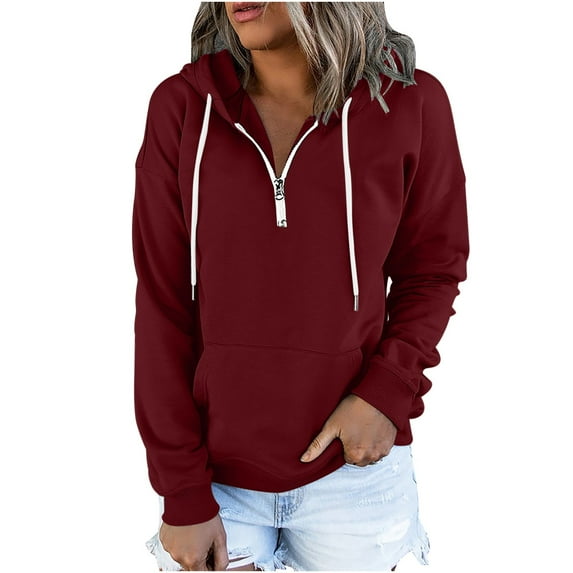 Women’s Half Zip Hooded Sweatshirt Solid Color Long Sleeves Lightweight Loose Teen Girl Pullover Hoodies with Pockets