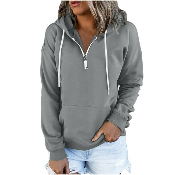 Women’s Half Zip Hooded Sweatshirt Solid Color Long Sleeves Lightweight Loose Teen Girl Pullover Hoodies with Pockets