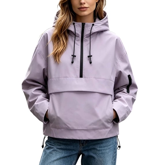 Women's Half Zip Hooded Windproof Jacket, Oversized Loose Fit Anorak with Drawstring Hood & Hem, Side Hand Pockets, Lightweight Outdoor Pullover Rain Coat for Daily Wear