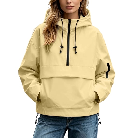 Women's Half Zip Hooded Windproof Jacket, Oversized Loose Fit Anorak with Drawstring Hood & Hem, Side Hand Pockets, Lightweight Outdoor Pullover Rain Coat for Daily Wear