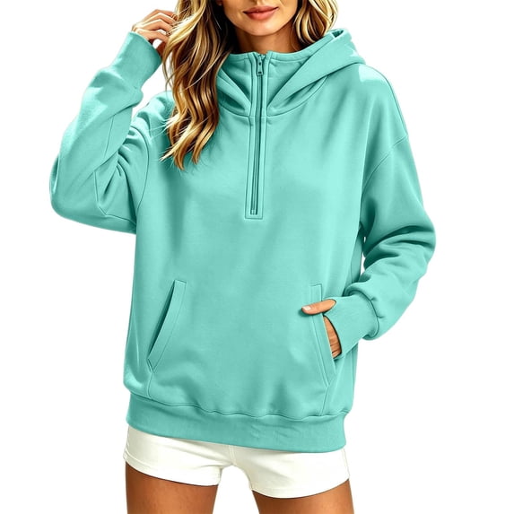 Women's Half Zip Hoodie Athleisure Pullover Sweatshirt with Front Pockets Cozy Funnel Neck Hoodies, L
