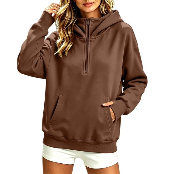 Women's Half Zip Hoodie Athleisure Pullover Sweatshirt with Front Pockets Cozy Funnel Neck Hoodies, S