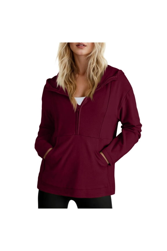 Women's Half Zip Hoodie Pullover Loose Long Sleeve 1/2 Zipper Jumper Tops Solid Color Casual Fall Clothes (2XL, Red)