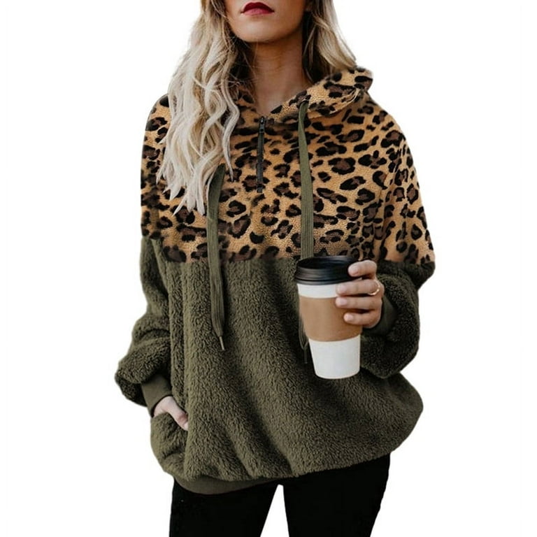 Women's Half Zip Hoodies, Winter Warm Fuzzy Fleece Jumper, Leopard