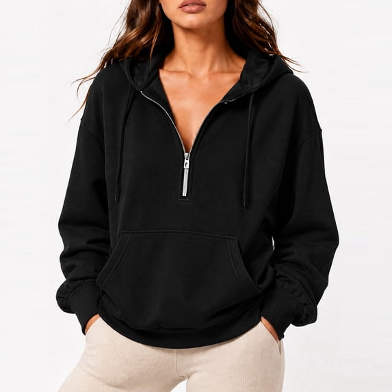 Women's Half Zip Oversized Drawstring Hoodie Casual Sweatshirt with Kangaroo Pocket 2XL