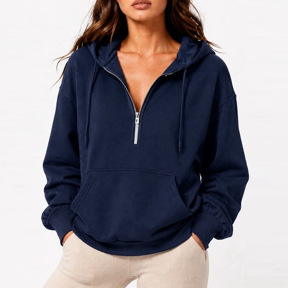 Women's Half Zip Oversized Drawstring Hoodie Casual Sweatshirt with Kangaroo Pocket S