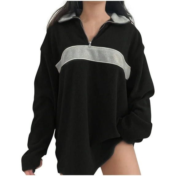 Women's Half Zip Oversized Sweatshirts Long Sleeve Color Block Pullover Top Casual Loose Long Sleeve Lapel Sweatshirt (Black 2XL)