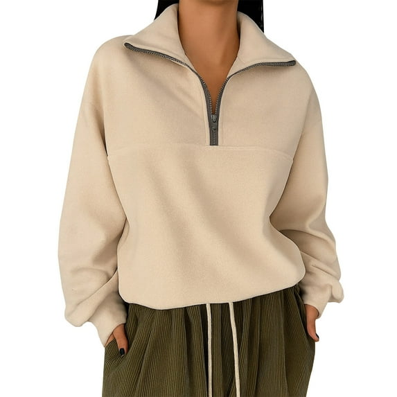 Women's Half Zip Pullover Hoodie, Stand Collar Long Sleeve Sweatshirt, Casual Loose Fit Top, Solid Color Knit Blouse, Fashion Oversized Sweater for Women Light Yellow M