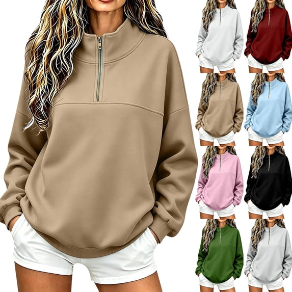 Women's Half Zip Pullover Sweatshirt Oversized Long Sleeve Mock Neck Casual Top with Collar Solid Color Relaxed Fit Fleece Jumper